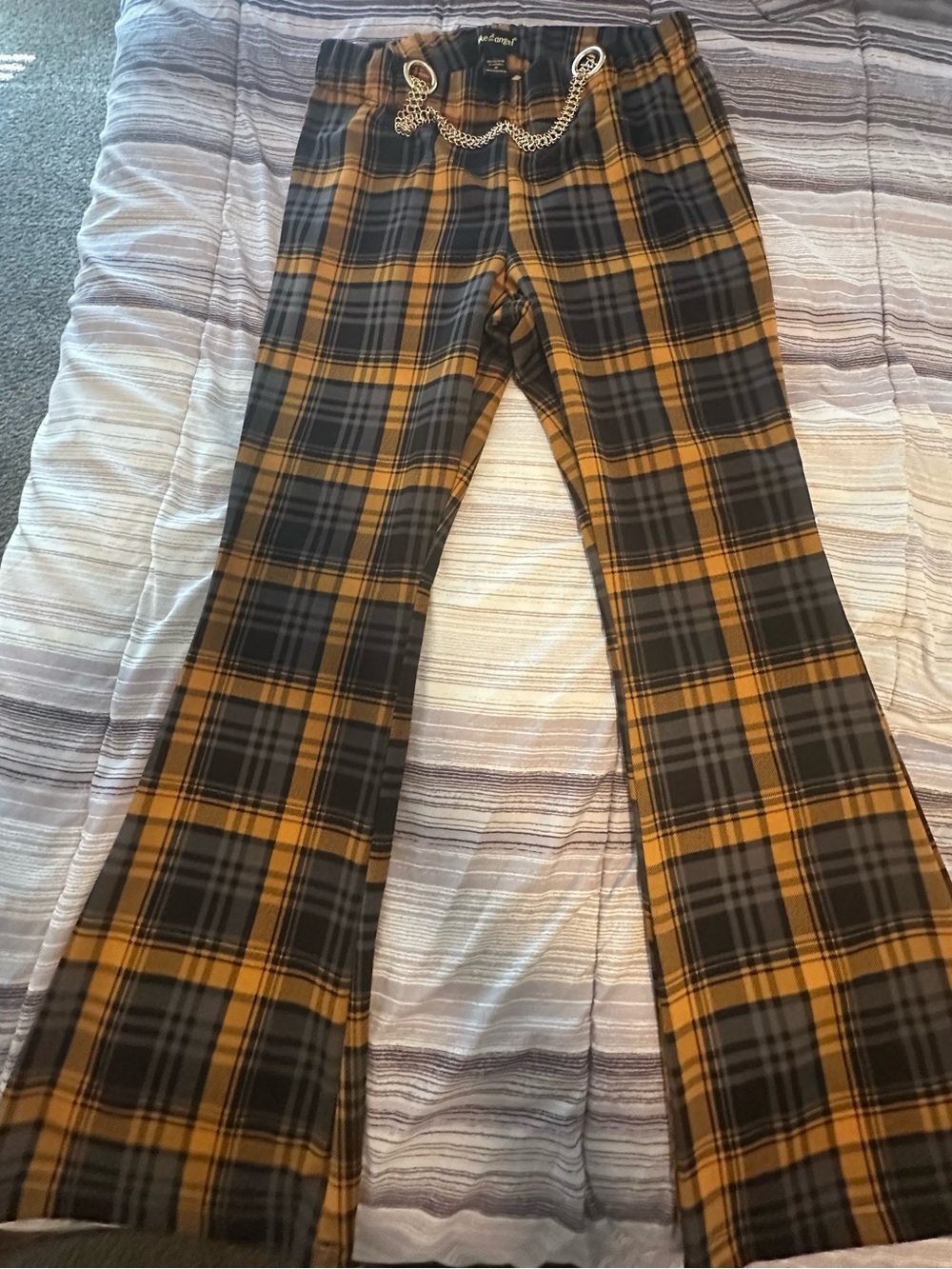 Plaid Wide-Leg Pants with Chain Detail in Mustard and Black